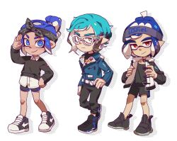 Rule 34 | 3boys, aqua hair, black bow, black footwear, black hairband, black shorts, blue eyes, blue hair, blue jacket, blue trim, bow, bow hairband, closed mouth, commentary request, dandang s p, dolphin shorts, eyebrow cut, full body, glasses, gradient hair, green hair, hair bow, hairband, hand on own hip, highres, inkling, inkling boy, inkling player character, jacket, korean commentary, looking at viewer, male focus, medium hair, multicolored hair, multiple boys, nintendo, octoling, octoling boy, octoling player character, pointy ears, red eyes, salute, shoes, short shorts, shorts, simple background, smile, splatoon (series), standing, tentacle hair, thick eyebrows, two-tone hair, white-framed eyewear, white background