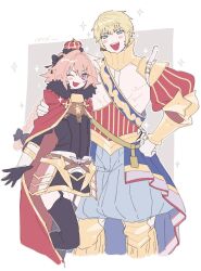 Rule 34 | 2boys, :d, ;d, aqua eyes, armored skirt, astolfo (fate), belt, black gloves, black shirt, black thighhighs, blonde hair, blue shorts, blush stickers, cape, cropped legs, crown, fang, fate/grand order, fate (series), fur-trimmed cape, fur trim, garter straps, gloves, gold trim, grey background, hand on another&#039;s shoulder, hand on own hip, highres, long braid, long sleeves, looking at viewer, male focus, mini crown, multiple boys, not anpn, one eye closed, open mouth, pink hair, puffy shorts, purple eyes, red cape, roland (fate), shirt, short hair, shorts, shoulder belt, simple background, skin fang, smile, thighhighs, trap, two-tone background, white background, white belt