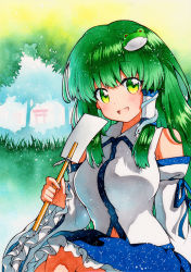 Rule 34 | 1girl, :d, bad id, bad pixiv id, bare shoulders, blue ribbon, blue skirt, breasts, detached sleeves, frilled skirt, frills, frog hair ornament, gohei, green background, green hair, green theme, hair ornament, hair tubes, holding, holding stick, kochiya sanae, long hair, looking at viewer, medium breasts, open mouth, outdoors, qqqrinkappp, ribbon, shirt, skirt, sleeveless, sleeveless shirt, smile, snake hair ornament, solo, stick, torii, touhou, traditional media, wide sleeves