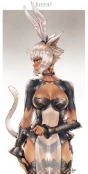 Rule 34 | 1girl, absurdres, animal ears, blush, breasts, cat ears, cat girl, cat tail, choker, cleavage, cleavage cutout, clothing cutout, cosplay, dark-skinned female, dark skin, facial mark, fake animal ears, final fantasy, final fantasy xii, final fantasy xiv, fran, fran (cosplay), fran (ff12), gradient background, grey background, highres, hjz (artemi), huge filesize, lips, looking to the side, medium breasts, miqo&#039;te, parted lips, pelvic curtain, profile, rabbit ears, revealing clothes, see-through, short hair, signature, silver hair, simple background, solo, tail, tattoo, thighhighs, vambraces, white background, y&#039;shtola rhul