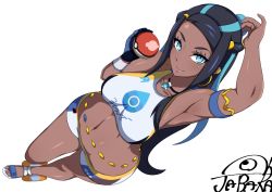 Rule 34 | 1girl, armlet, armpits, bare shoulders, belly chain, bikini, black hair, blue eyes, blue hair, blush, breasts, closed mouth, commentary request, creatures (company), dark-skinned female, dark skin, forehead, full body, game freak, gloves, gym leader, hair bun, highres, holding, jabara tornado, jewelry, long hair, looking at viewer, medium breasts, navel, necklace, nessa (pokemon), nintendo, partially fingerless gloves, poke ball, poke ball (basic), pokemon, pokemon swsh, sandals, shorts, simple background, single glove, single hair bun, smile, solo, sportswear, swept bangs, swimsuit, tankini, thighs, white background