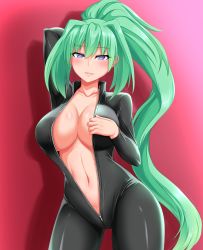 Rule 34 | 1girl, arm behind head, black bodysuit, blush, bodysuit, breasts, catsuit, center opening, cleavage, collarbone, commentary request, cowboy shot, drop shadow, full-length zipper, gluteal fold, green hair, green heart (neptunia), hair between eyes, hair intakes, high ponytail, highres, large breasts, latex, long hair, long sleeves, looking at viewer, murasame (tmurasamek), navel, neptune (series), parted lips, pink background, ponytail, power symbol, power symbol-shaped pupils, purple eyes, shiny clothes, sidelocks, simple background, skin tight, smile, solo, standing, stomach, symbol-shaped pupils, unzipped, very long hair, zipper