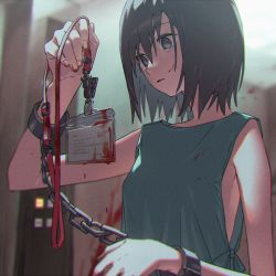 Rule 34 | 1girl, absurdres, blood, blood on clothes, blood on hands, blood stain, chain, chromatic aberration, door, hair between eyes, highres, id card, indoors, light-8823, original, solo