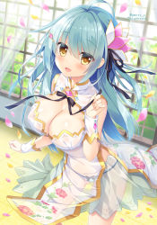 Rule 34 | 1girl, :d, ahoge, ameto yuki, aqua hair, blush, bow, breasts, cleavage, cleavage cutout, clothing cutout, commentary request, day, dress, hair ornament, hair ribbon, hairclip, highres, indoors, large breasts, long hair, looking at viewer, open mouth, original, panties, petals, ribbon, see-through, smile, solo, twitter username, underwear, vietnamese dress, white dress, yellow eyes