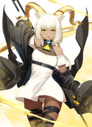 Rule 34 | 1girl, :o, animal ears, arknights, arm up, bare shoulders, beeswax (arknights), belt, black jacket, cowboy shot, curled horns, dark-skinned female, dark skin, dress, female focus, gluteal fold, goat ears, goat horns, highres, holding, horns, infection monitor (arknights), jacket, long hair, long sleeves, looking at viewer, meth (emethmeth), off-shoulder dress, off shoulder, open clothes, open jacket, panties, pantyshot, parted lips, polearm, short dress, short sleeves, solo, standing, string panties, thigh gap, thigh strap, underwear, weapon, white dress, white hair, white panties, yellow eyes
