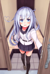 Rule 34 | 1girl, ahoge, black skirt, black thighhighs, blue eyes, blush, door, doorway, heart, heart ahoge, hibiki (kancolle), highres, kantai collection, long hair, long sleeves, looking at viewer, open mouth, pleated skirt, pov doorway, reitou mikan, silver hair, skirt, solo, standing, thighhighs, verniy (kancolle)