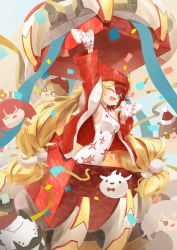 Rule 34 | &gt; &lt;, + +, 1girl, absurdres, alchemy stars, arm up, beanie, blonde hair, box, charon (alchemy stars), confetti, dress, gift, gift box, gronru (alchemy stars), hair ornament, hat, highres, jacket, long hair, long sleeves, looking at viewer, mechanical arms, mittens, multicolored hair, navigator (alchemy stars), null suke, one eye closed, open clothes, open jacket, open mouth, pom pom (clothes), pom pom hair ornament, raphael (alchemy stars), red hair, red headwear, red jacket, ribbon, santa hat, sleeveless, sleeveless dress, smile, twintails, two-tone hair, very long hair, vice (alchemy stars), white dress, yellow eyes