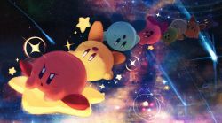 Rule 34 | alternate color, blush stickers, comet, flying, furrowed brow, kirby, kirby (series), multiple others, nebula, nintendo, no humans, open mouth, smile, space, star (sky), star (symbol), super smash bros., suyasuyabi, warp star