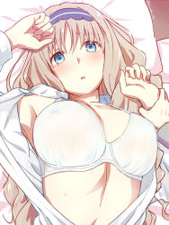 Rule 34 | 1girl, blonde hair, blue eyes, blush, bra, breasts, commentary request, covered erect nipples, darling in the franxx, hairband, highres, holding another&#039;s wrist, horns, kanden sky, kokoro (darling in the franxx), large breasts, looking at viewer, lying, oni horns, open clothes, open shirt, out of frame, parted lips, pov, pov hands, red horns, shirt, solo focus, sweat, underwear, white bra, white shirt