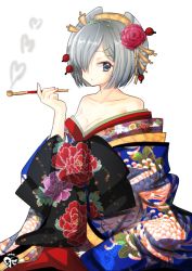 Rule 34 | 1girl, artist logo, bare shoulders, blue eyes, breasts, chize, cleavage, commentary request, cowboy shot, floral print, flower, hair flower, hair ornament, hair over one eye, hairclip, hamakaze (kancolle), japanese clothes, kantai collection, kimono, large breasts, layered clothes, layered kimono, looking at viewer, multicolored clothes, multicolored kimono, oiran, one-hour drawing challenge, smoking pipe, rose, short hair, silver hair, simple background, smoking, solo, tiara, white background