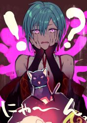 Rule 34 | !?, ahoge, androgynous, bad id, bad twitter id, bare shoulders, cat, chinese clothes, despair, earrings, gender request, green hair, hand on own cheek, hand on own face, highres, jewelry, konbu wakame, nijisanji, off shoulder, purple eyes, ryuushen, short hair, solo, virtual youtuber