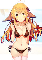 Rule 34 | 1girl, absurdres, animal ears, bell, blush, bow, breasts, brown hair, character request, cleavage, closed mouth, collarbone, copyright request, green eyes, hair bow, hair ornament, highres, huaimeng, large breasts, long hair, looking at viewer, navel, red bow, smile, solo, thighhighs, white thighhighs