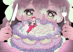Rule 34 | 2girls, cake, candle, dress, food, fork, fruit, green eyes, hairband, highres, holding, holding fork, holding knife, knife, leaf, long sleeves, looking at viewer, mini person, minigirl, multiple girls, original, puffy long sleeves, puffy sleeves, red dress, red hairband, ring 411, sitting, sparkling eyes, strawberry