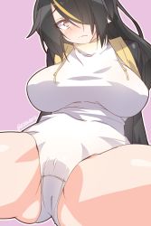 Rule 34 | 10s, ass, black hair, black jacket, blush, breasts, breasts apart, brown eyes, closed mouth, emperor penguin (kemono friends), hair over one eye, head tilt, highres, jacket, kemono friends, large breasts, legs, leotard, long hair, looking at viewer, multicolored hair, one eye covered, outline, pink background, sitting, solo, spread legs, streaked hair, tilt-shift (azalanz), twitter username, white leotard, white outline
