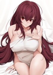 Rule 34 | 1girl, absurdres, bare shoulders, bed, bed sheet, breasts, commission, commissioner upload, covered erect nipples, curtains, fate/grand order, fate (series), hand on own chest, highres, large breasts, long hair, looking at viewer, naked sheet, non-web source, pillow, purple hair, red eyes, scathach (fate), smile, solo, tony guisado