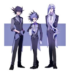 Rule 34 | 3boys, absurdres, alternate costume, aqua hair, arms behind back, bad id, bad lofter id, black coat, black footwear, black gloves, black hair, black pants, black ribbon, black shirt, black vest, blue eyes, blue hair, butler, clipboard, coat, collared shirt, crossed legs, dress shoes, expressionless, facial mark, facial tattoo, formal, fudo yusei, full body, gloves, hair ribbon, hand up, high collar, highres, holding, holding clipboard, holding towel, long hair, looking at viewer, male focus, multicolored hair, multiple boys, naoki (2rzmcaizerails6), neck ribbon, pants, ponytail, ribbon, shirt, sleeve cuffs, spiked hair, streaked hair, tailcoat, tattoo, towel, two-sided fabric, two-sided tailcoat, v (yu-gi-oh!), very long hair, vest, white gloves, white shirt, white towel, yu-gi-oh!, yu-gi-oh! 5d&#039;s, yu-gi-oh! arc-v, yu-gi-oh! zexal, yuuto (yu-gi-oh!)