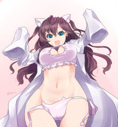 Rule 34 | 10s, 1girl, :d, ajino (sakanahen), alternate costume, animal ears, bell, blue eyes, breasts, brown hair, cat cutout, cat ear panties, cat ears, cat lingerie, choker, cleavage cutout, clothing cutout, earrings, eyebrows, frills, gradient background, hair between eyes, ichinose shiki, idolmaster, idolmaster cinderella girls, jewelry, jingle bell, lab coat, long hair, looking at viewer, meme attire, navel, neck bell, open mouth, outstretched arms, panties, paw print, pink panties, side-tie panties, sleeves past wrists, smile, solo, stomach, thigh gap, two side up, underwear, underwear only, untied panties, wardrobe malfunction