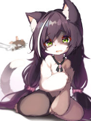 Rule 34 | 1girl, absurdres, animal ear fluff, animal ears, bad id, bad pixiv id, black hair, body fur, brown fur, cat, cat ears, cat girl, cat tail, censored, commentary, furrification, furry, furry female, green eyes, highres, karyl (princess connect!), long hair, low twintails, mosaic censoring, multicolored hair, open mouth, princess connect!, simple background, sitting, solo, streaked hair, striped tail, tab head, tail, twintails, two-tone fur, white background, white fur