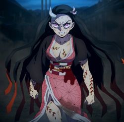 Rule 34 | 1girl, angry, black hair, blood on clothes, breasts, cleavage, clenched teeth, collarbone, demon girl, demon horns, flower tattoo, gradient hair, highres, horn, horns, japanese clothes, kamado nezuko, kimetsu no yaiba, kimono, large breasts, long hair, looking at viewer, multicolored hair, no bra, purple eyes, screencap, slit pupils, stitched, tattoo, teeth, thighs, third-party edit, veins