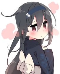 Rule 34 | 1girl, :&lt;, alternate costume, black hair, blush, commentary request, ears visible through hair, floral print, from behind, furrowed brow, hairband, hatsushimo (kancolle), japanese clothes, kantai collection, kimono, long hair, looking at viewer, looking back, red eyes, solo, upper body, white background, yoru nai, yukata