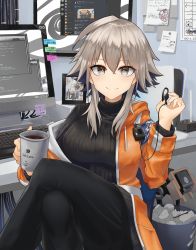 Rule 34 | 1girl, absurdres, arknights, black pantyhose, breasts, brown eyes, calendar (object), crossed legs, crumpled paper, cup, desk, discord, drawing (object), earphones, feet out of frame, game console, group picture, hair between eyes, highres, holding, holding cup, holding earphones, jacket, keyboard (computer), large breasts, looking at viewer, mayer (arknights), meeboo (arknights), meme, monitor, nanamilem, off shoulder, open clothes, open jacket, orange jacket, pantyhose, paper, playstation 5, rhine lab logo, ribbed sweater, short hair, short hair with long locks, silver hair, sitting, smile, solo, sticky note, sweater, trash can, turtleneck, turtleneck sweater