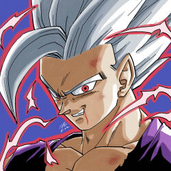 Rule 34 | 1boy, blood, blood from mouth, bruise, bruise on face, commentary, crazy eyes, crazy grin, crazy smile, dated, dragon ball, dragon ball super, dragon ball super super hero, forest 1988, gohan beast, grey hair, grin, injury, male focus, muscular, muscular male, portrait, red eyes, signature, smile, solo, son gohan