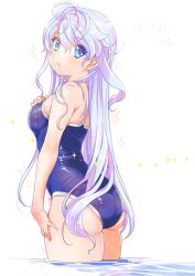 Rule 34 | 1girl, ass, blue eyes, blue one-piece swimsuit, boku no kanojo wa sasuga desu., breasts, commentary request, competition school swimsuit, from behind, grey hair, highres, inoue sora, long hair, looking at viewer, medium breasts, one-piece swimsuit, sasuga ayame, school swimsuit, simple background, solo, swimsuit, textless version, water, white background