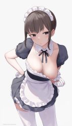 Rule 34 | 1girl, apron, areola slip, black dress, black eyes, black ribbon, blush, breasts, brown hair, closed mouth, commentary request, detached collar, dress, frills, gloves, grey background, hand on own hip, highres, maid, maid headdress, medium breasts, mochi (mochi444420), neck ribbon, original, puffy short sleeves, puffy sleeves, ribbon, short sleeves, simple background, solo, thighhighs, waist apron, white apron, white gloves, white thighhighs