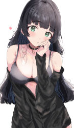 Rule 34 | 1girl, :o, absurdres, black choker, black hair, blunt bangs, blush, bocchi the rock!, bra, breasts, chin piercing, choker, colored inner hair, ear piercing, green eyes, grey bra, hand on own face, heart, highres, hime cut, large breasts, long hair, long sleeves, looking at viewer, multicolored hair, no pants, pa-san, partially unzipped, piercing, simple background, sunya (honorin-yuunibo), track suit, underwear