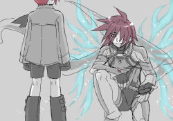 Rule 34 | 00s, anna irving, boots, couple, fingerless gloves, folks (nabokof), gloves, hair over one eye, kneeling, kratos aurion, lowres, monochrome, red eyes, red hair, short hair, smile, spoilers, tales of (series), tales of symphonia, uniform, wings
