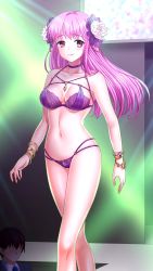 Rule 34 | 1girl, armlet, bra, breasts, choker, cleavage, closed mouth, collarbone, doukyuusei, doukyuusei another world, faceless, faceless male, floating hair, flower, game cg, hair flower, hair ornament, long hair, looking at viewer, medium breasts, multi-strapped panties, navel, official art, panties, pink hair, purple bra, purple choker, purple eyes, purple panties, sakuragi mai, shiny skin, smile, solo focus, standing, underwear, underwear only, very long hair, walking, white flower