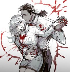 Rule 34 | 1boy, 1girl, absurdres, black hair, blood, blood on clothes, blood on hands, chef, couple, dark-skinned male, dark skin, dress, grey eyes, hair between eyes, hair ribbon, hetero, highres, hug, hug from behind, jack (project moon), library of ruina, long hair, looking at viewer, low-tied long hair, low ponytail, open mouth, pants, pierre (project moon), project moon, remsrar, ribbon, simple background, smile, white background, white dress, white hair, white pants, white ribbon