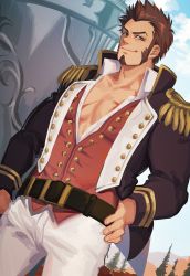 Rule 34 | 1boy, abs, bad id, bad twitter id, bara, beard, belt, blue eyes, brown hair, cloud, cloudy sky, facial hair, fate/grand order, fate (series), hand on own hip, highres, long sideburns, looking at viewer, pectoral cleavage, male focus, muscular, napoleon bonaparte (fate), open clothes, open shirt, pants, pectorals, scar, sgy sn, sideburns, sky, smile, solo, standing, tree, uniform, weapon