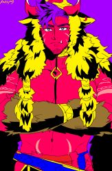Rule 34 | 1boy, abs, alternate hair color, alternate skin color, animal hood, bara, boar boy, boar hood, body fur, bodypaint, chest harness, colored skin, crossed arms, facial hair, fang, goatee, gullinbursti (housamo), harness, large pectorals, long sideburns, male focus, mature male, muscular, muscular male, navel, nipples, pectoral cleavage, pectorals, pink skin, purple hair, shochu (knktru777), sideburns, solo, stomach, tokyo houkago summoners, upper body