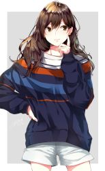 Rule 34 | 1girl, blue sweater, blush, brown eyes, brown hair, casual, closed mouth, cowboy shot, dabadhi, earrings, finger to cheek, fingernails, flower earrings, grey background, hand on own hip, highres, jewelry, long hair, long sleeves, looking away, looking to the side, original, short shorts, shorts, sideways glance, signature, smile, solo, striped clothes, striped sweater, sweater, two-tone background, white shorts