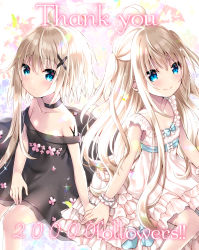 Rule 34 | 2girls, absurdres, ahoge, asymmetrical hair, bare shoulders, black choker, black dress, blonde hair, blue eyes, blush, choker, closed mouth, collarbone, commentary request, dress, dual persona, flower, glint, hair between eyes, hair ornament, highres, holding hands, looking at viewer, milestone celebration, multiple girls, off-shoulder dress, off shoulder, original, pink flower, sleeveless, sleeveless dress, smile, thank you, tia-chan, two side up, uchuuneko, white dress, wrist cuffs, x hair ornament