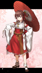 Rule 34 | 1girl, adapted costume, amonitto, anklet, bobby socks, bow, bridal gauntlets, brown hair, detached collar, hair bow, hair ornament, hair tubes, hairclip, hakurei reimu, japanese clothes, jewelry, long sleeves, looking at viewer, mary janes, miko, oil-paper umbrella, red eyes, ring, sash, shoes, socks, solo, touhou, umbrella, wide sleeves