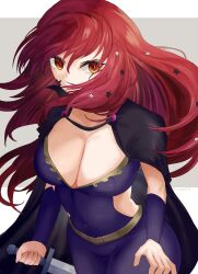 Rule 34 | 1girl, 2sirokma0930, black cape, bodysuit, breasts, cape, choker, cleavage, clothing cutout, covered navel, facial mark, fire emblem, fire emblem engage, floating hair, gold belt, hair ornament, highres, large breasts, long hair, looking at viewer, nintendo, purple bodysuit, red eyes, red hair, simple background, solo, star (symbol), star facial mark, star hair ornament, yunaka (fire emblem)