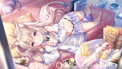 Rule 34 | 1girl, :o, ahoge, animal ear fluff, animal ears, bad id, bad pixiv id, bandeau, bare shoulders, black panties, bow, bowtie, cake, cat ears, couch, cup, detached collar, drinking glass, fang, food, hair ornament, hairclip, highleg, highleg panties, indie virtual youtuber, jacket, bridal garter, long hair, long sleeves, looking at viewer, lying, midriff, miniskirt, navel, off shoulder, on couch, on side, open clothes, open jacket, open mouth, panties, pleated skirt, purple eyes, purple skirt, sannio, skirt, solo, stomach, strapless, string panties, table, tail, tail bow, tail ornament, thighs, tube top, underwear, virtual youtuber, white jacket