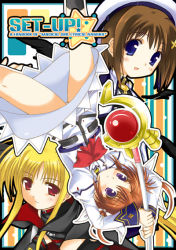 Rule 34 | 00s, 3girls, :d, arms up, beret, blonde hair, blue eyes, blush, bow, bowtie, breasts, brown hair, cape, dress, fate testarossa, gem, hat, long sleeves, looking at viewer, lyrical nanoha, mahou shoujo lyrical nanoha, mahou shoujo lyrical nanoha a&#039;s, multiple girls, open mouth, orb, raising heart, red bow, red bowtie, red eyes, rod, sidelocks, smile, staff, takamachi nanoha, uniform, upside-down, white dress, yagami hayate