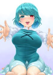 Rule 34 | 1girl, blue eyes, blue hair, blue skirt, blue sky, blue vest, breasts, cross-laced clothes, gradient background, heart, heart-shaped pupils, heterochromia, highres, incoming hug, large breasts, long sleeves, looking at viewer, open mouth, outstretched arms, parasite oyatsu, red eyes, shirt, short hair, sitting, skirt, sky, solo, symbol-shaped pupils, tatara kogasa, tongue, tongue out, touhou, vest, wariza, white background, white shirt