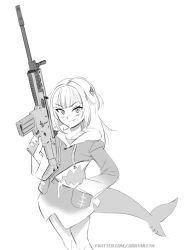 Rule 34 | 1girl, assault rifle, blush, breasts, fins, fish tail, fn scar, gawr gura, greyscale, gun, hair ornament, hand in pocket, holding, holding gun, holding weapon, hololive, hololive english, long sleeves, looking at viewer, medium hair, mleth, monochrome, multicolored hair, no legwear, ponytail, rifle, shark girl, shark hair ornament, shark tail, side ponytail, simple background, small breasts, smile, tail, thighs, tooth, virtual youtuber, weapon, white background, wide sleeves