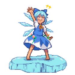 Rule 34 | +++, ^ ^, ajia (otya3039), barefoot, blue bow, blue dress, blue hair, bow, cirno, closed eyes, dress, closed eyes, flower, full body, hand up, hidden star in four seasons, ice, ice wings, pixel art, smile, solo, sunflower, tan, tanned cirno, touhou, transparent background, waving, wings