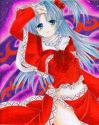 Rule 34 | 1girl, arm up, blouse, blue eyes, blue hair, blush, capelet, curvy, female focus, hair bobbles, hair ornament, long hair, marker (medium), matching hair/eyes, midriff, multiple wings, mystic square, navel, shinki (touhou), shirt, side ponytail, side slit, skirt, solo, touhou, touhou (pc-98), traditional media, wass (artist), wassmint, wings