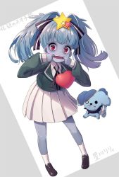 Rule 34 | 10s, 1girl, animal, blue hair, commentary request, dog, finger in own mouth, hair intakes, hair ornament, heart, highres, hoshikawa lily, loafers, long hair, pleated skirt, red eyes, romero (zombie land saga), school uniform, shoes, skirt, socks, solo, star (symbol), star hair ornament, translated, twintails, yoshika (music480069), zombie, zombie land saga