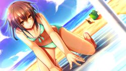 Rule 34 | 10s, 1girl, all fours, barefoot, beach, beach towel, brown eyes, brown hair, cloud, day, dutch angle, front-tie top, fuuki (nicoseiga), fuuki (te fuukin), highres, jewelry, kantai collection, lens flare, navel, ocean, outdoors, ring, sand, short hair, solo, swimsuit, towel, wakaba (kancolle), water, wedding band