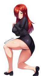 Rule 34 | 1girl, absurdres, ass, blush, breasts, covered erect nipples, highres, kneeling, large breasts, long hair, looking at viewer, looking back, parasoul (skullgirls), red hair, skirt, skullgirls, sole gem, sweater