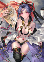 Rule 34 | 1girl, bare shoulders, bikini, black thighhighs, breast curtains, breasts, cleavage, collarbone, eyeliner, groin, hand fan, highres, large breasts, long hair, looking at viewer, makeup, navel, open mouth, original, pink eyes, purple hair, ryuki@maguro-ex, sleeves past wrists, smile, solo, swimsuit, thighhighs, veil