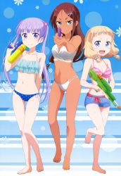 Rule 34 | &gt;:), 10s, 3girls, :d, absurdres, ahagon umiko, aiming, aiming at viewer, aqua eyes, arm behind back, bandeau, barefoot, bikini, bikini top only, blonde hair, blue background, blue bikini, blue eyes, blue shorts, blunt bangs, blush, breasts, brown hair, cleavage, closed mouth, dark-skinned female, dark skin, feet, floral background, flower, foreshortening, frilled bikini, frills, front-tie bikini top, front-tie top, full body, hair between eyes, hair bobbles, hair ornament, hairclip, happy, highres, holding, leg lift, leg up, legs, lens flare, light purple hair, light smile, lineup, long hair, low-tied long hair, low twintails, medium breasts, multi-strapped bikini bottom, multi-strapped bikini top, multiple girls, navel, new game!, non-web source, nyantype, official art, open mouth, outstretched arms, pink bikini, polka dot, polka dot bikini, purple eyes, purple hair, sakura nene, sash, short hair, short shorts, shorts, sidelocks, smile, split mouth, standing, standing on one leg, strapless, strapless bikini, striped background, striped bikini, striped clothes, suzukaze aoba, swept bangs, swimsuit, tankini, thigh gap, toes, trigger discipline, twintails, v-shaped eyebrows, very long hair, water gun, white bikini, x hair ornament