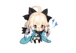 Rule 34 | 1girl, ahoge, black bow, black scarf, blonde hair, blue heart, blush, bow, chibi, commentary request, fate/grand order, fate/type redline, fate (series), full body, hair bow, hands up, heart, japanese clothes, kimono, koha-ace, looking at viewer, mandrill, okita souji (fate), okita souji (koha-ace), open mouth, scarf, short hair, simple background, smile, solo, thighhighs, white background, yellow eyes